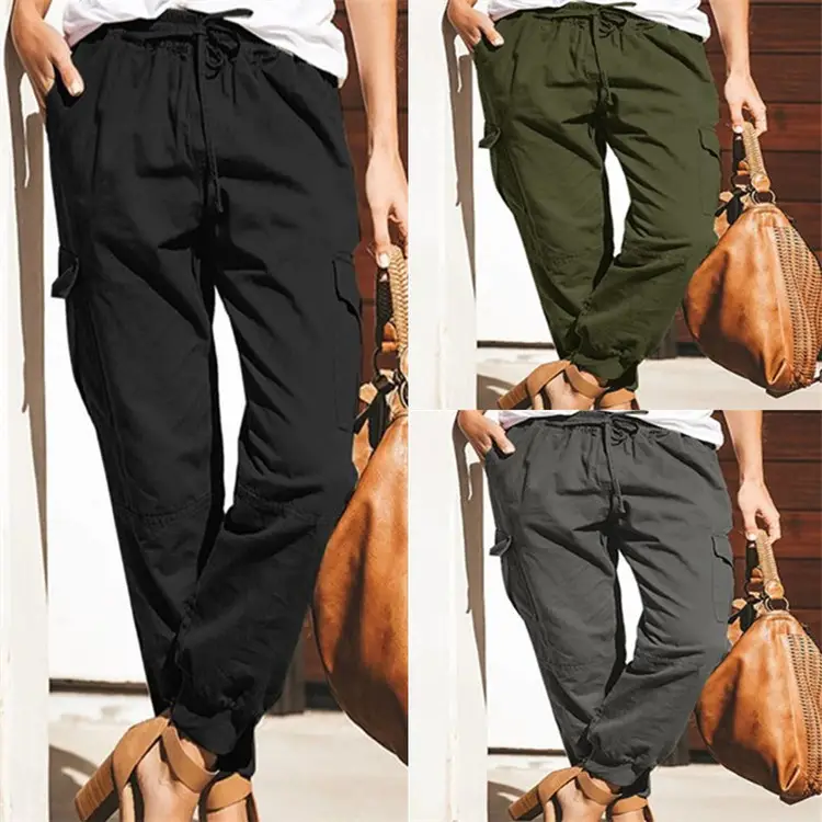 Women's Black Cargo Pants with Flap Pocket & Drawstring Waist - Image 4