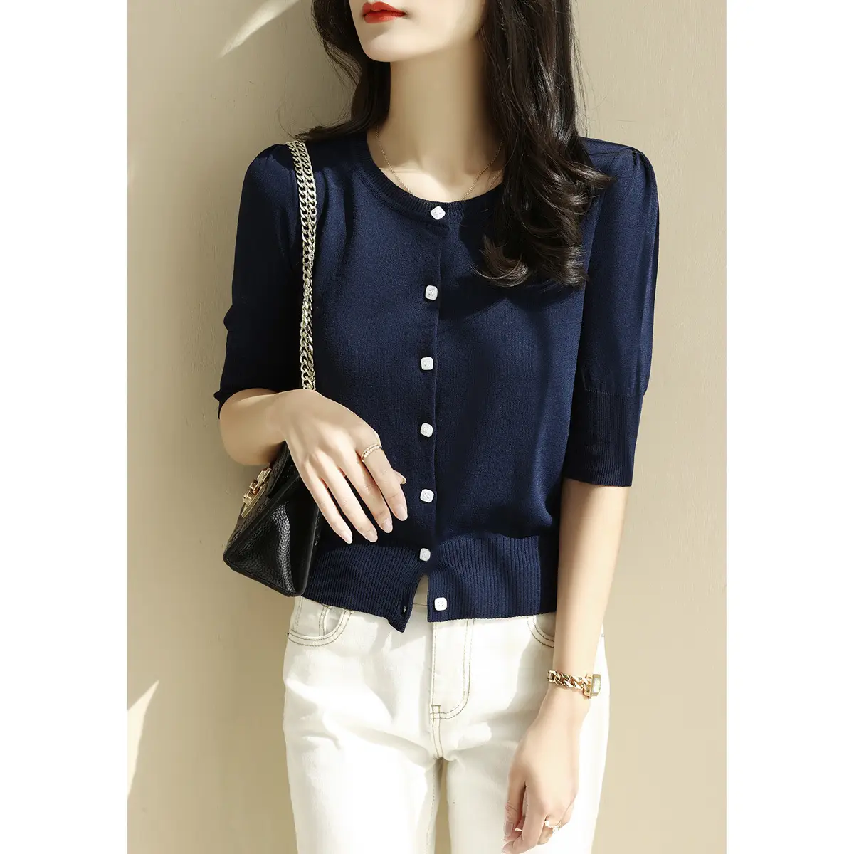 Women Black Button Front Knitted Cardigan 2024 Summer - Image 3