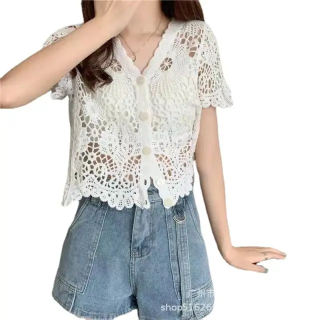 Women's Sweet Small Hollow Crochet Lace Short Sleeve Top