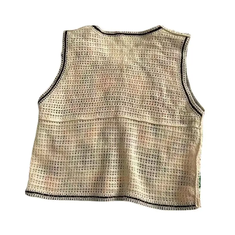 Beige Beaded Crochet Knitted Vest Women's Hollow Design