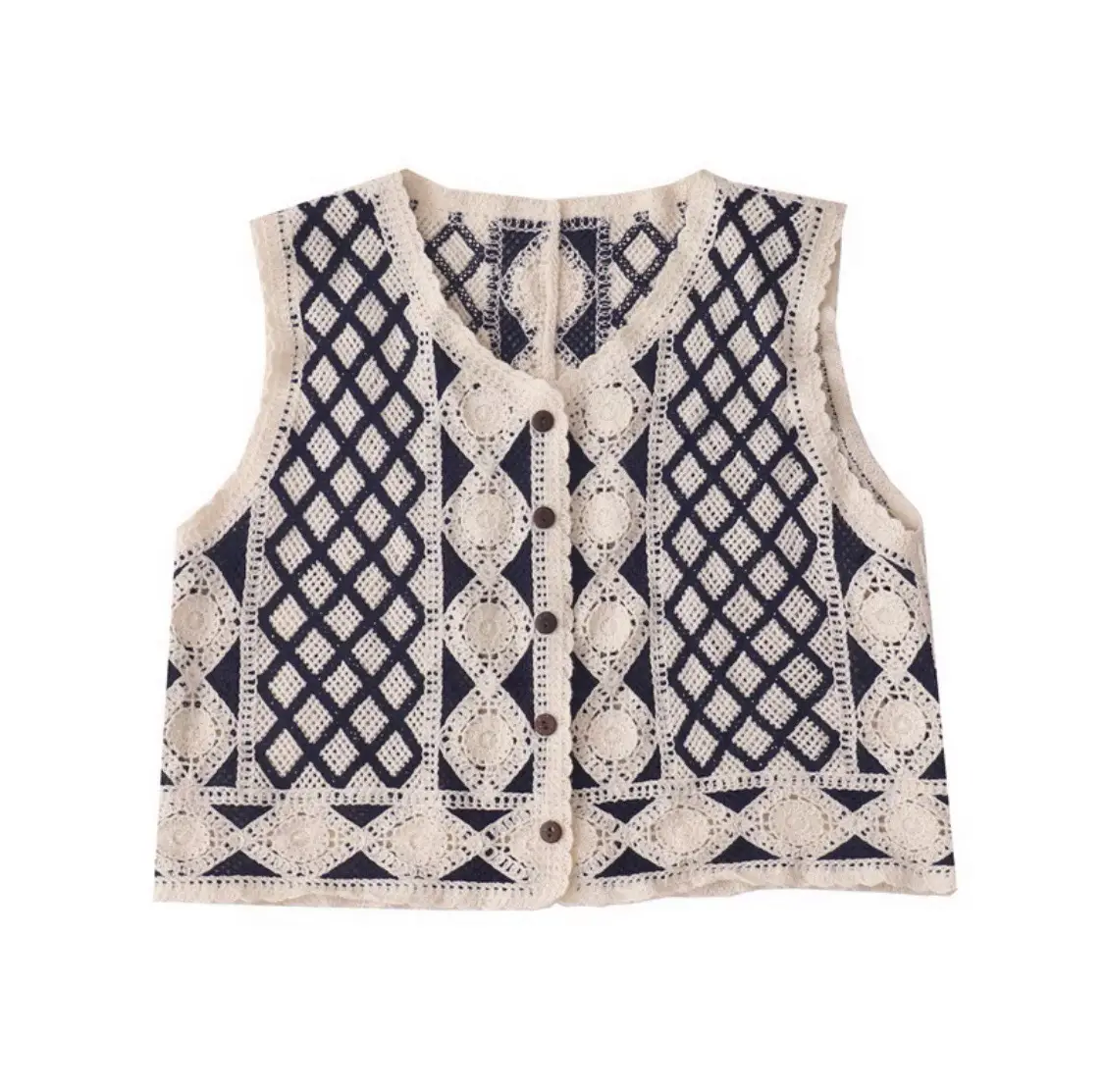 Beige Beaded Crochet Knitted Vest Women's Hollow Design