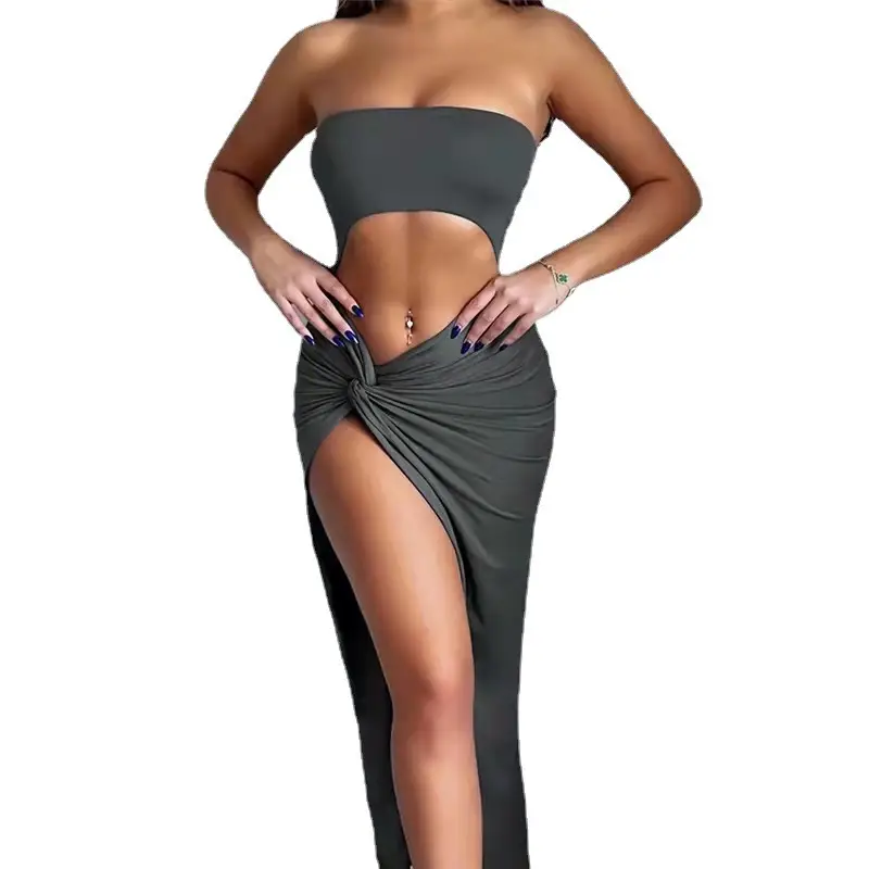 Women's Hollow Out Umbilical Fold Long Dress Grey - Image 9