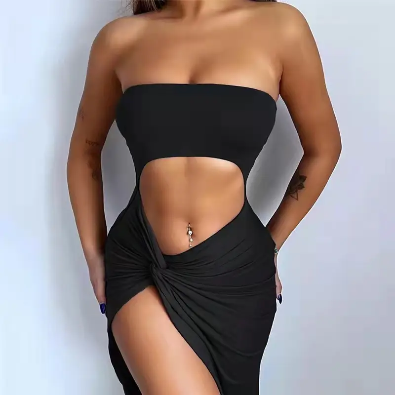 Women's Hollow Out Umbilical Fold Long Dress Grey - Image 3