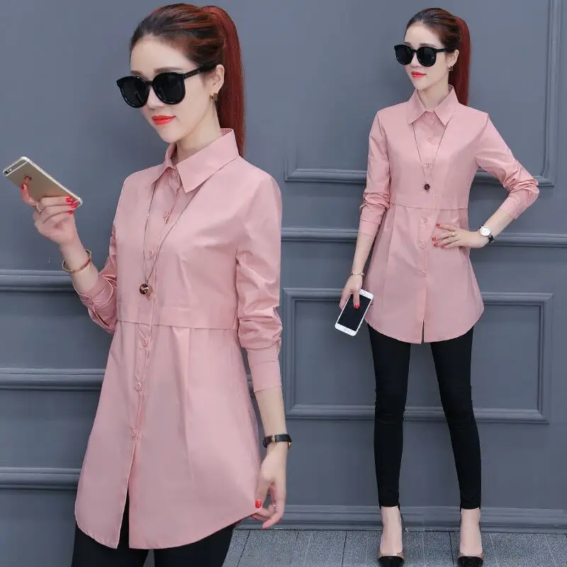 Women's Pink Lapel Shirt Solid Color Long Sleeve - Image 8