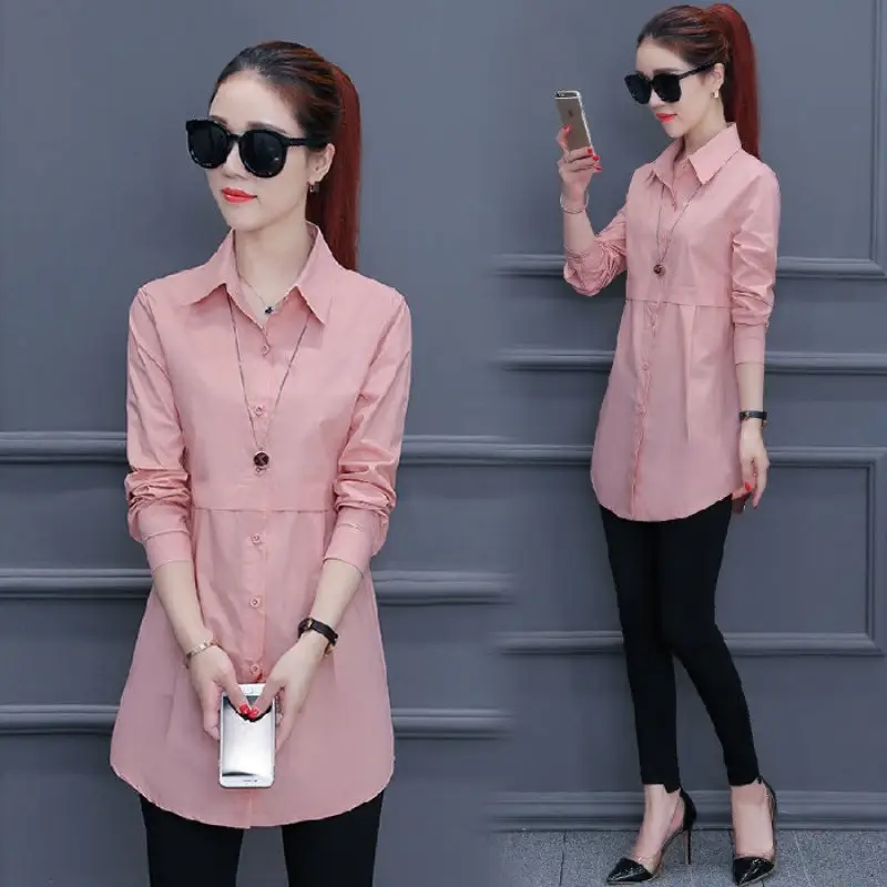 Women's Pink Lapel Shirt Solid Color Long Sleeve - Image 4