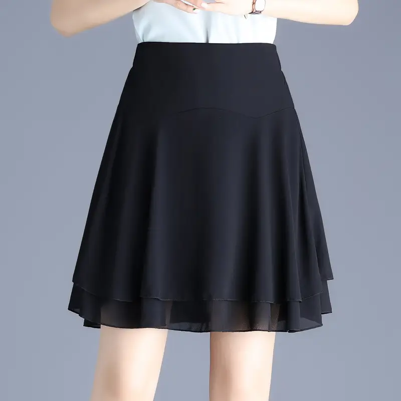 Black Chiffon A-Like Skirt Large Size Elastic Waist - Image 2