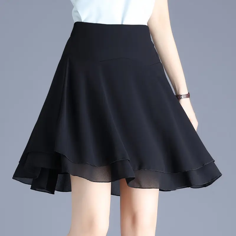 Black Chiffon A-Like Skirt Large Size Elastic Waist - Image 3