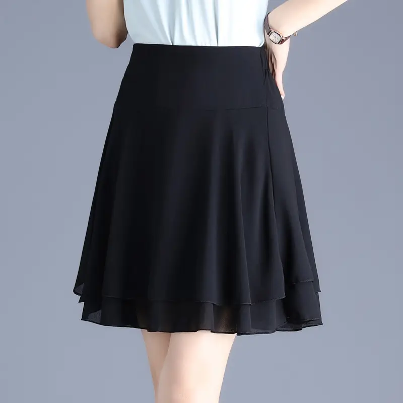 Black Chiffon A-Like Skirt Large Size Elastic Waist - Image 4