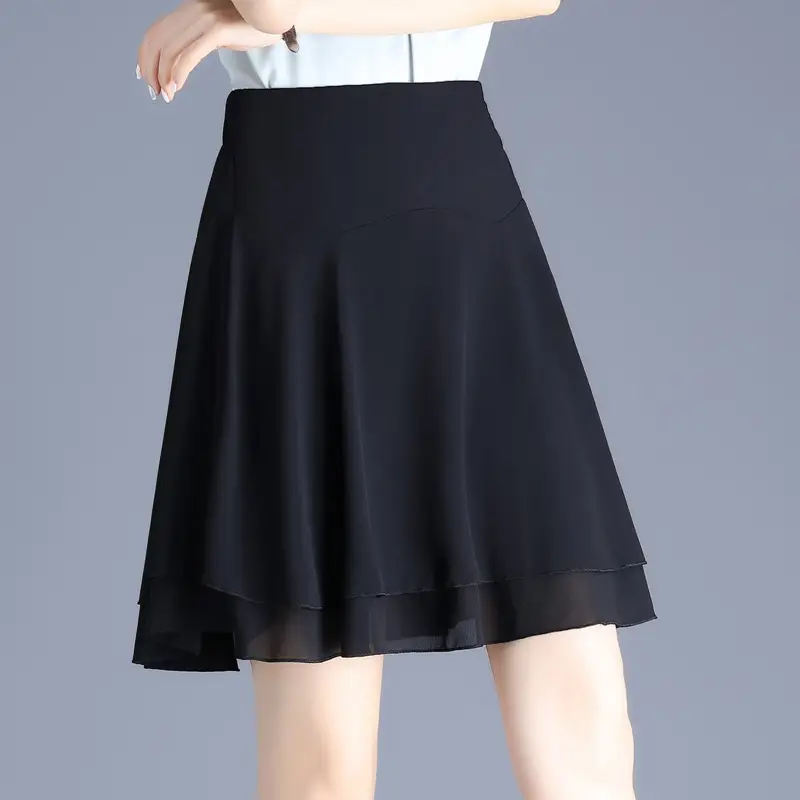 Black Chiffon A-Like Skirt Large Size Elastic Waist - Image 5