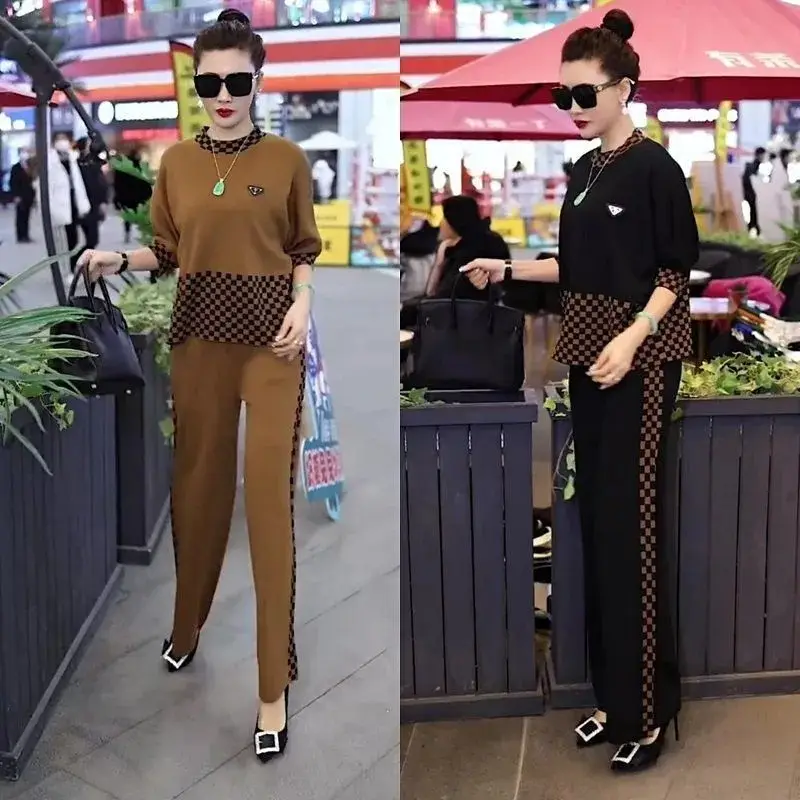 2025 Women's European Two-Piece Suit Brown Black Slim Plaid - Image 4