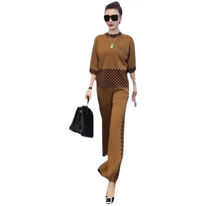 2025 Women's European Two-Piece Suit Brown Black Slim Plaid - Image 5