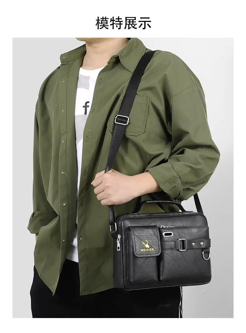 Men's Black Leather Shoulder Crossbody Bag Business Professional — feature 13