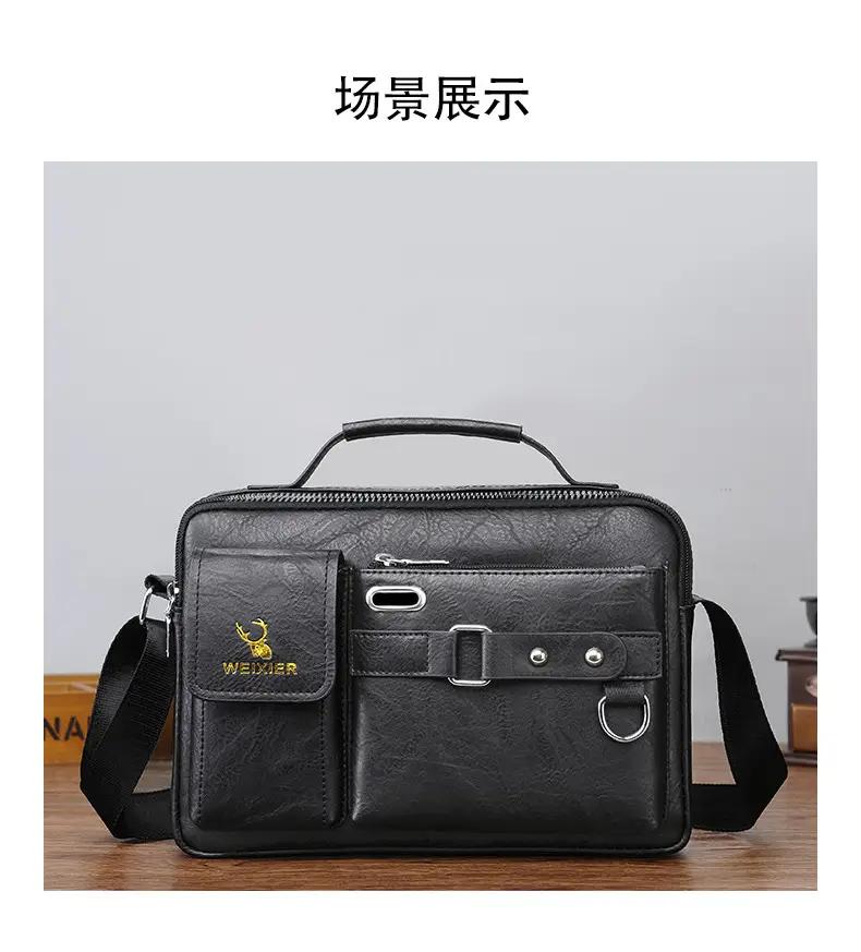 Men's Black Leather Shoulder Crossbody Bag Business Professional — feature 17