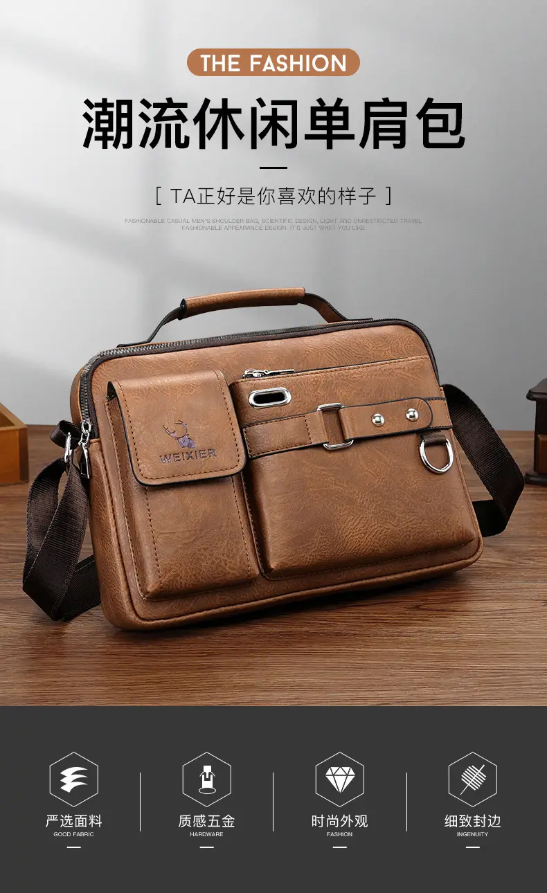 Men's Black Leather Shoulder Crossbody Bag Business Professional — feature 3