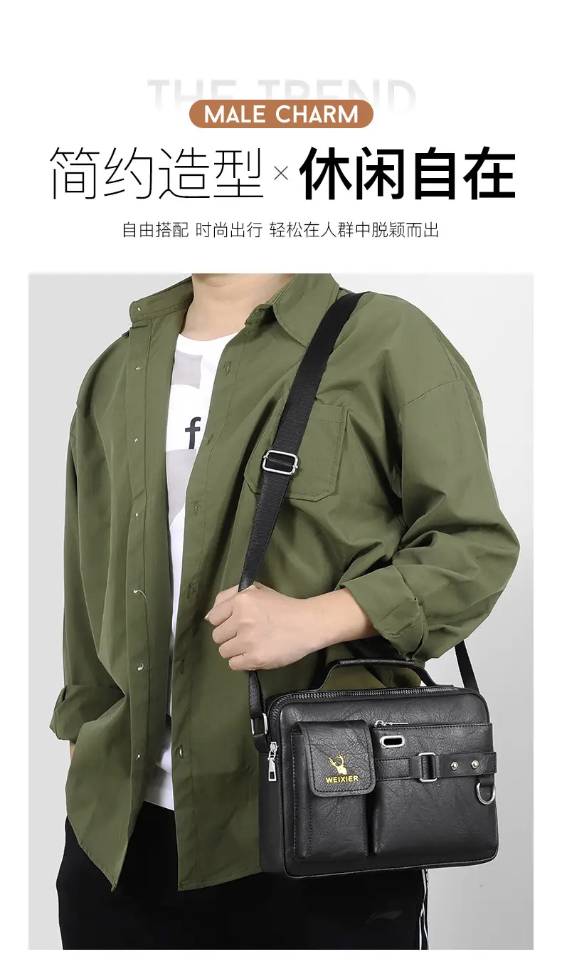 Men's Black Leather Shoulder Crossbody Bag Business Professional — feature 4