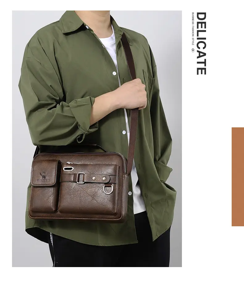 Men's Black Leather Shoulder Crossbody Bag Business Professional — feature 5