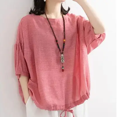Women Loose Fit Purple T-Shirt with Drawstring Neck - Image 7
