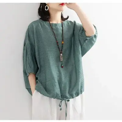Women Loose Fit Purple T-Shirt with Drawstring Neck - Image 8