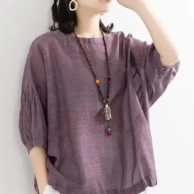 Women Loose Fit Purple T-Shirt with Drawstring Neck - Image 9