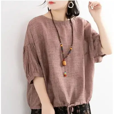 Women Loose Fit Purple T-Shirt with Drawstring Neck - Image 10