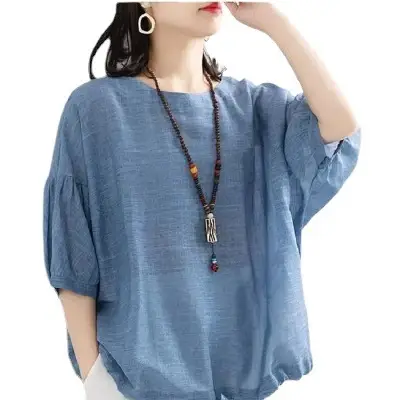 Women Loose Fit Purple T-Shirt with Drawstring Neck - Image 11