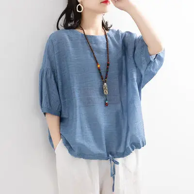 Women Loose Fit Purple T-Shirt with Drawstring Neck - Image 3