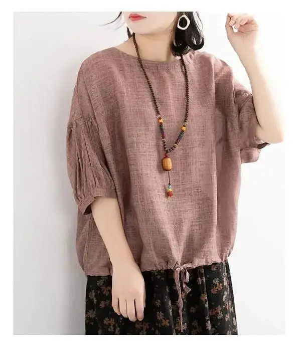 Women Loose Fit Purple T-Shirt with Drawstring Neck - Image 4