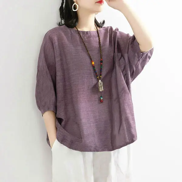 Women Loose Fit Purple T-Shirt with Drawstring Neck - Image 5