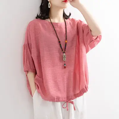 Women Loose Fit Purple T-Shirt with Drawstring Neck - Image 6