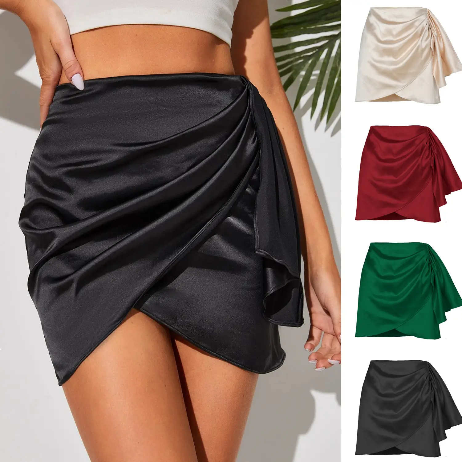 2022 Green Satin Pleated Skirt Set High Waist Shorts - Image 6