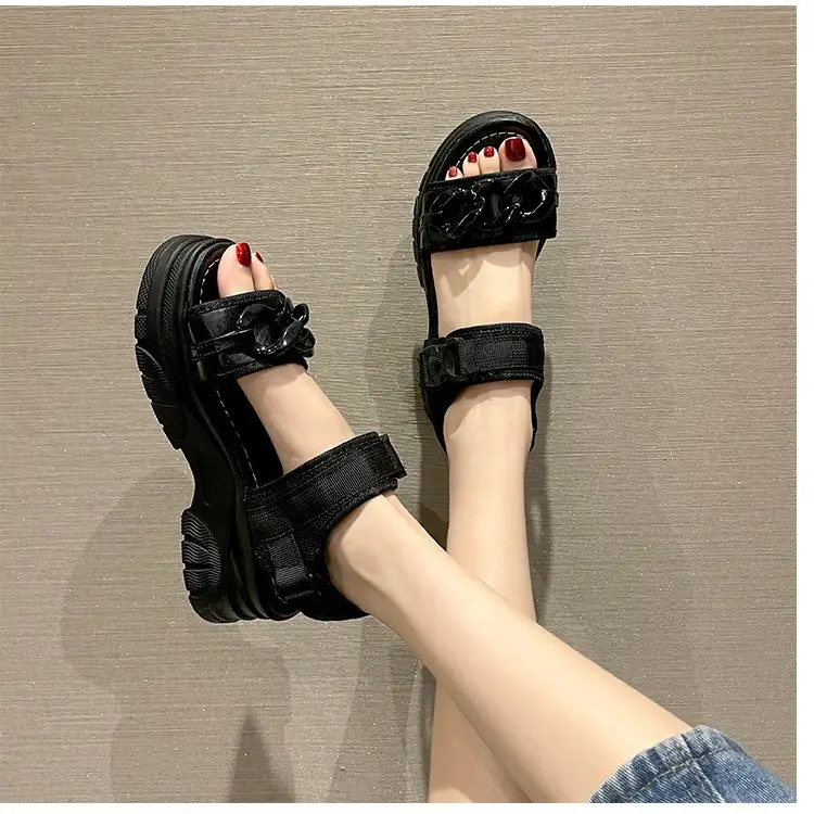 Women Grey Platform Sandals with Velcro Buckle