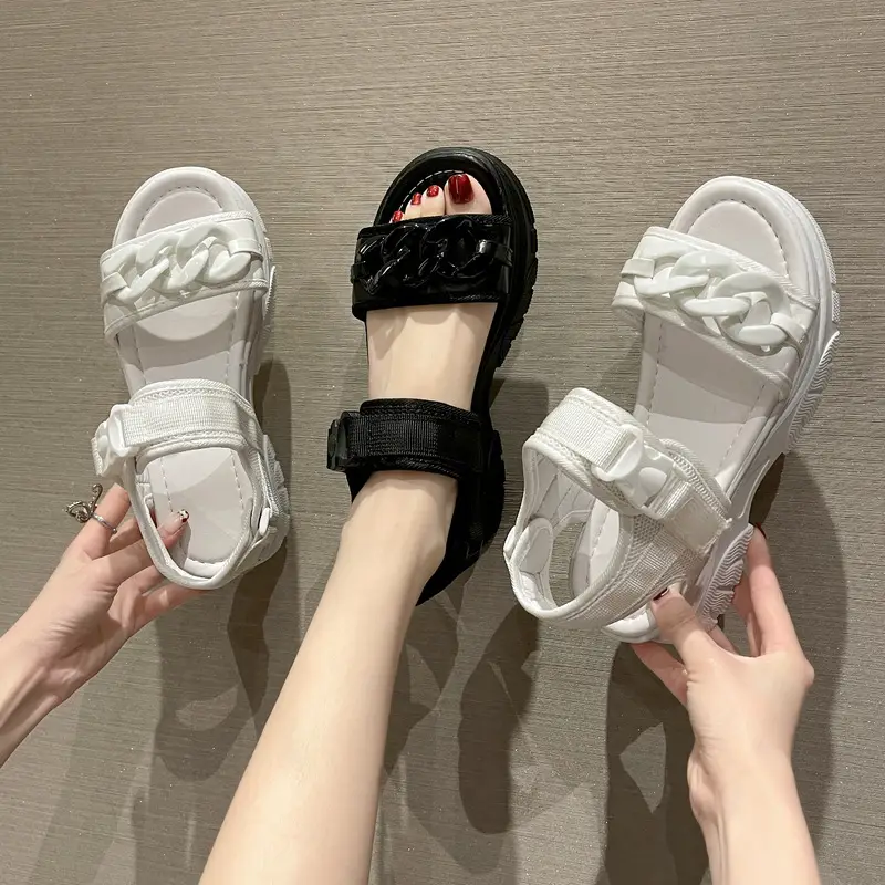 Women Grey Platform Sandals with Velcro Buckle