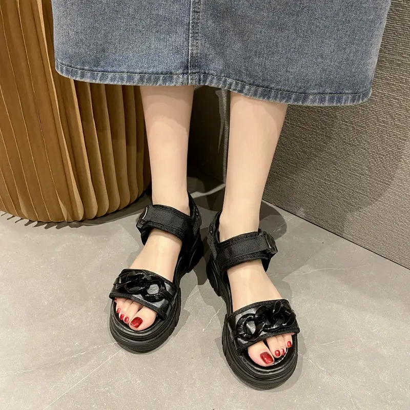 Women Grey Platform Sandals with Velcro Buckle