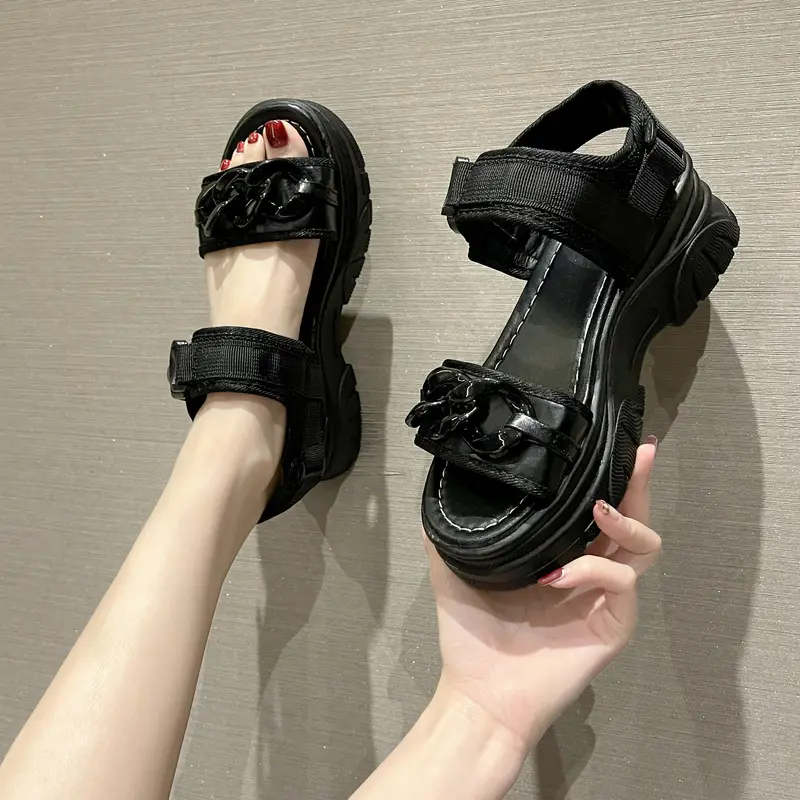 Women Grey Platform Sandals with Velcro Buckle