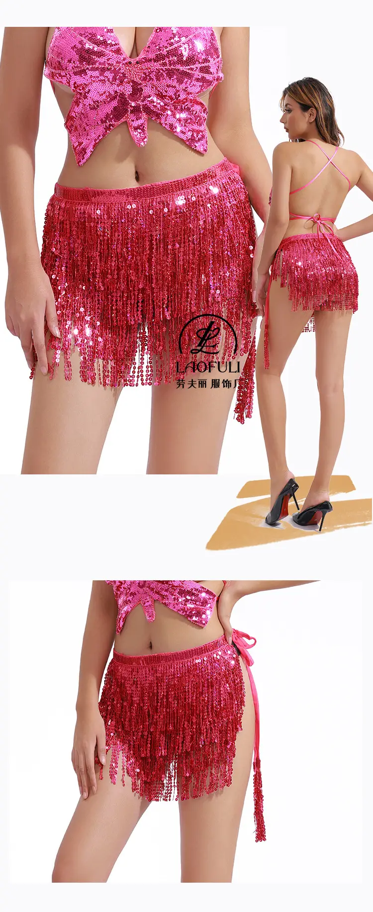 Orange Sequined Tassel Waist Chain Indian Dance Skirt — feature 12