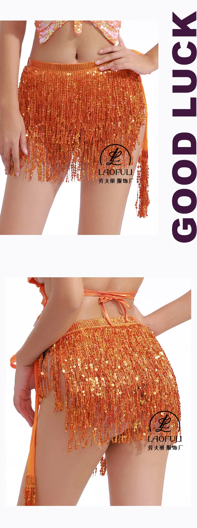 Orange Sequined Tassel Waist Chain Indian Dance Skirt — feature 15