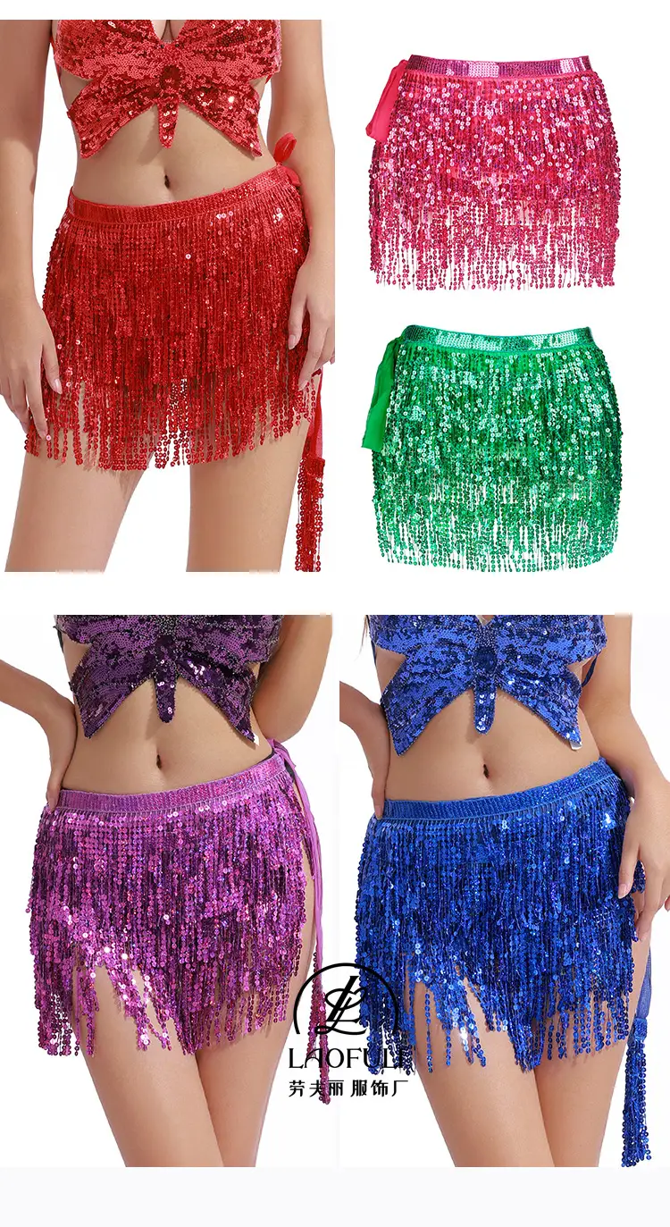 Orange Sequined Tassel Waist Chain Indian Dance Skirt — feature 3