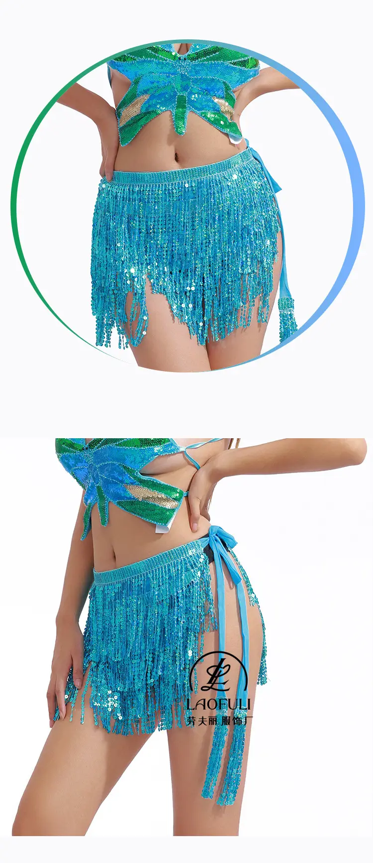 Orange Sequined Tassel Waist Chain Indian Dance Skirt — feature 9