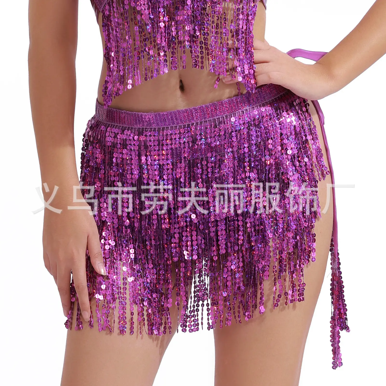 Orange Sequined Tassel Waist Chain Indian Dance Skirt - Image 2
