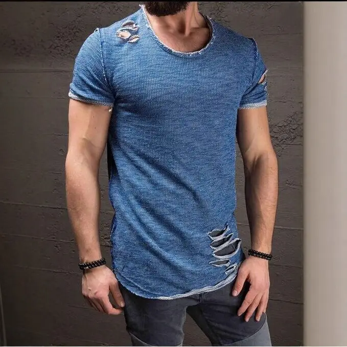 Men 2022 Grey Mesh Short Sleeve T-Shirt with Hole Design