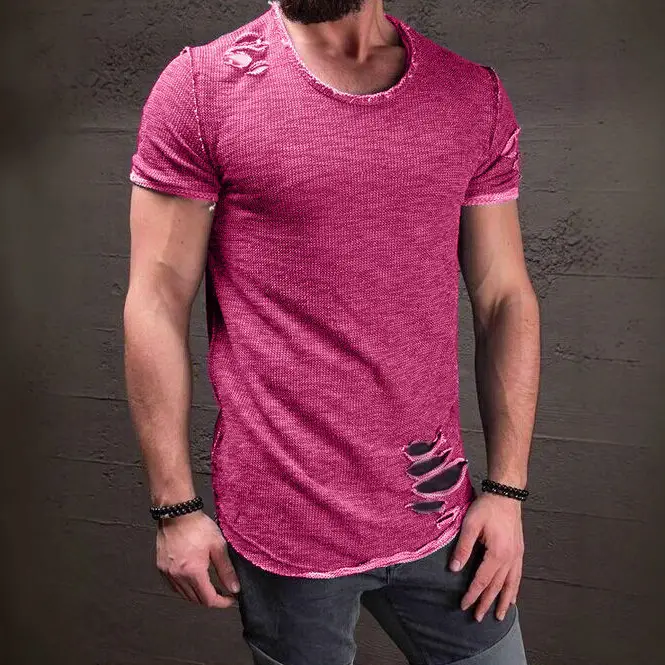 Men 2022 Grey Mesh Short Sleeve T-Shirt with Hole Design