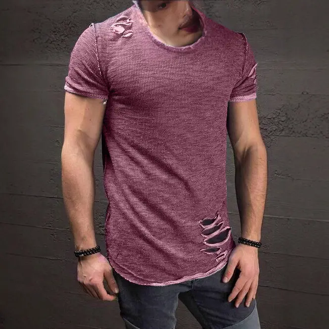 Men 2022 Grey Mesh Short Sleeve T-Shirt with Hole Design