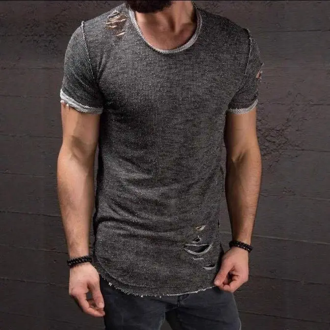 Men 2022 Grey Mesh Short Sleeve T-Shirt with Hole Design