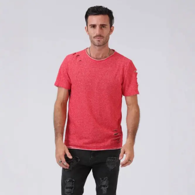 Men 2022 Grey Mesh Short Sleeve T-Shirt with Hole Design