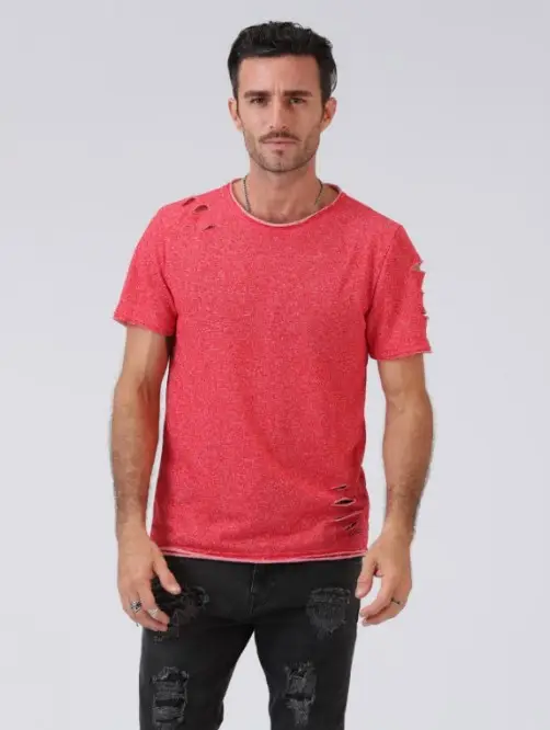 Men 2022 Grey Mesh Short Sleeve T-Shirt with Hole Design