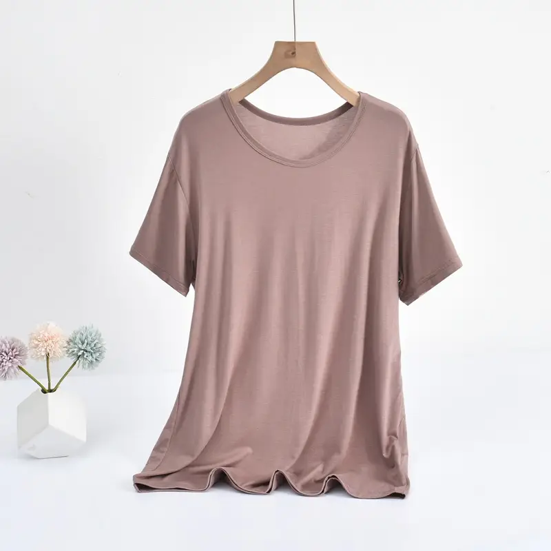 Women Loose T-Shirt Brown Solid Color Large - Image 4