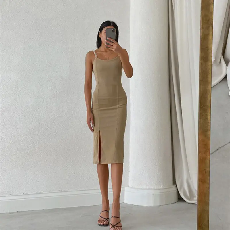 European American Cross-Border Slim U-Neck Dress with Slit Hip Cover — feature 6