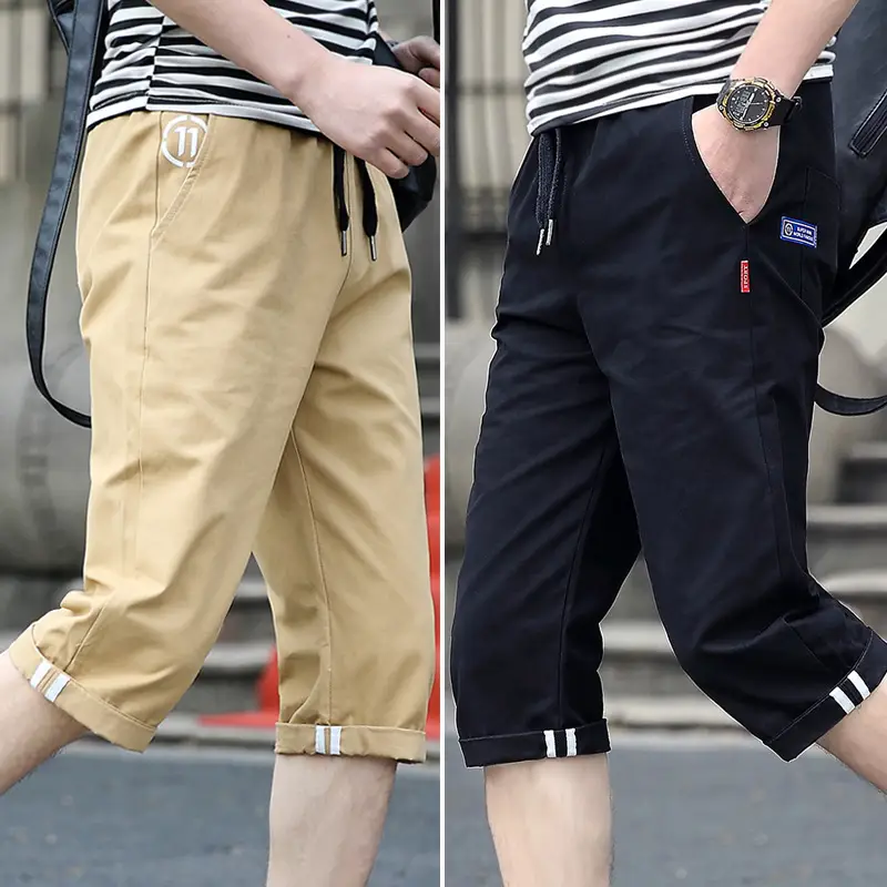 Men Navy Blue Cotton Capri Shorts Summer Casual