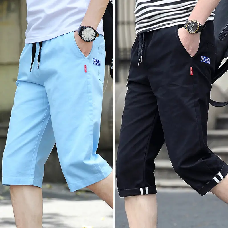 Men Navy Blue Cotton Capri Shorts Summer Casual