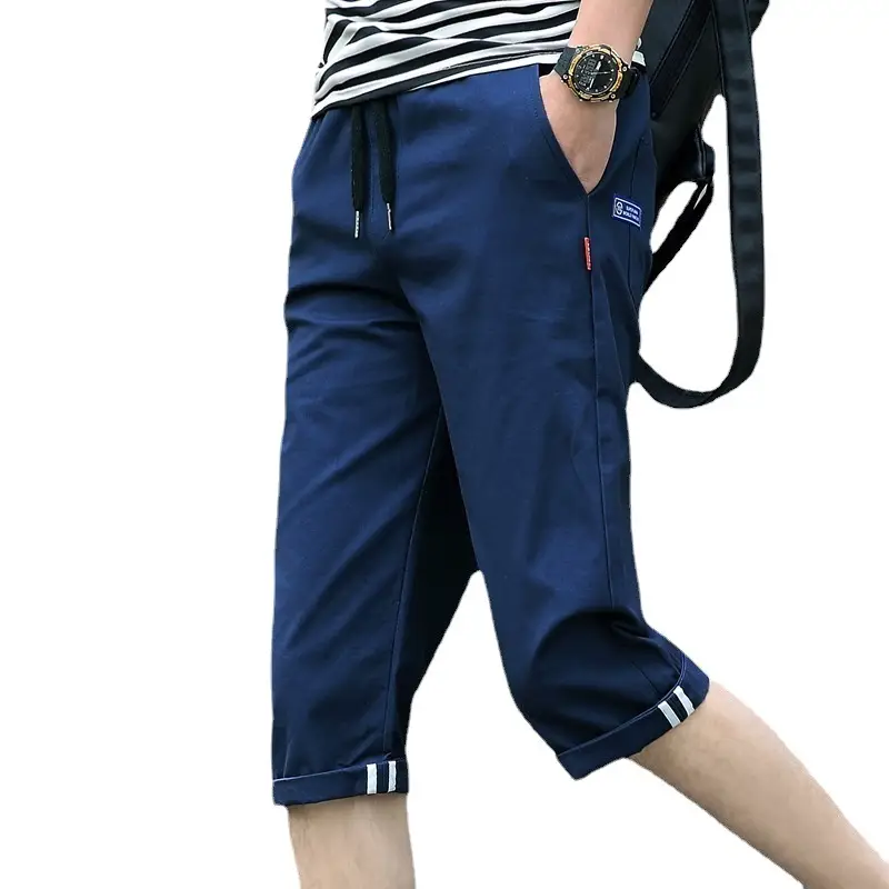 Men Navy Blue Cotton Capri Shorts Summer Casual